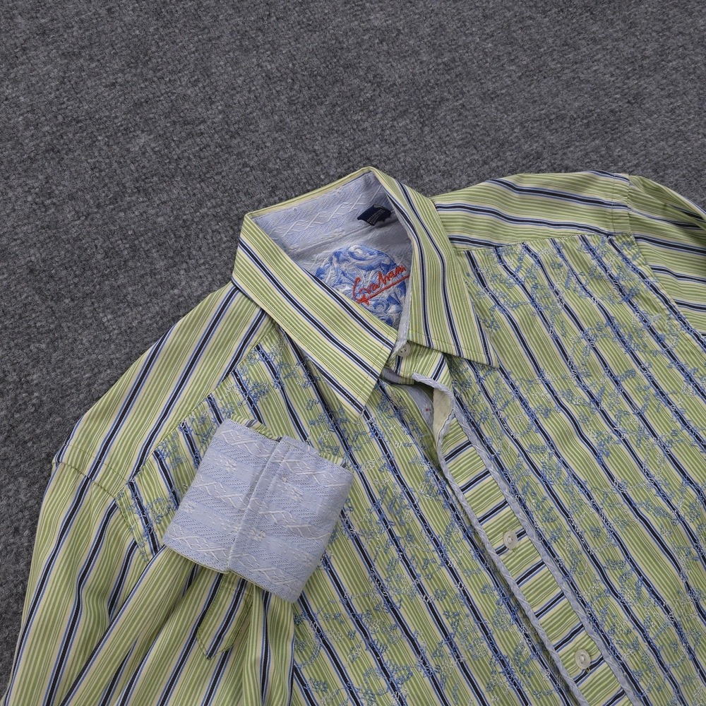 Robert Graham Shirt Mens M Green Stripe Embroidered Contrast Flip Cuff Dress